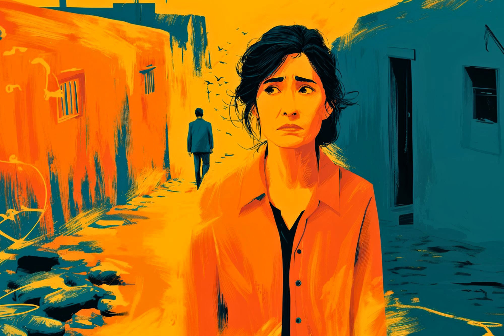 A woman with a worried expression stands in a colorful, abstract street. Behind her, a person walks away amid orange and blue painted buildings, creating an emotional, dramatic atmosphere.
