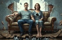 A man and woman sit on a sofa in a damaged room, appearing emotionally distant. The wall behind them and their bodies are cracked, with broken pieces falling to the floor, symbolizing a fractured relationship.