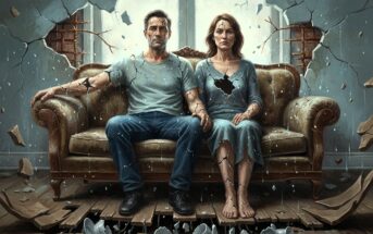 A man and woman sit on a sofa in a damaged room, appearing emotionally distant. The wall behind them and their bodies are cracked, with broken pieces falling to the floor, symbolizing a fractured relationship.