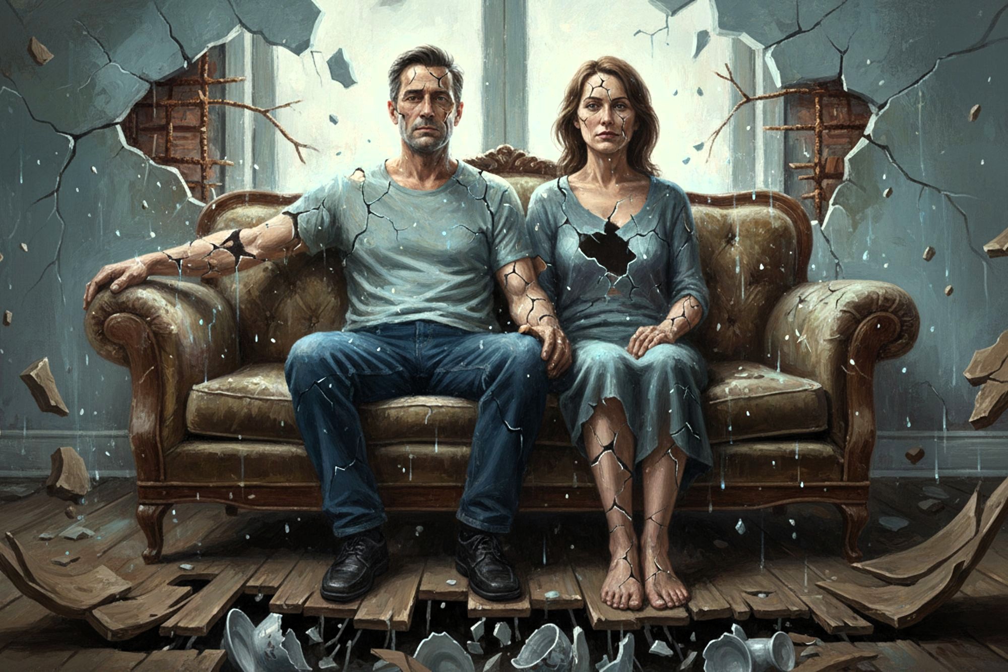 A man and woman sit on a sofa in a damaged room, appearing emotionally distant. The wall behind them and their bodies are cracked, with broken pieces falling to the floor, symbolizing a fractured relationship.