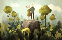 An illustration of an elderly couple standing together on a large rock, surrounded by lush green trees and plants in a forest under a partly cloudy sky. They appear content and close to each other.