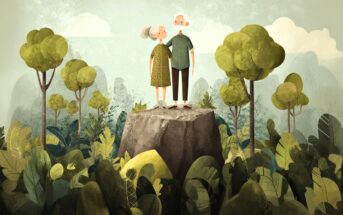 An illustration of an elderly couple standing together on a large rock, surrounded by lush green trees and plants in a forest under a partly cloudy sky. They appear content and close to each other.
