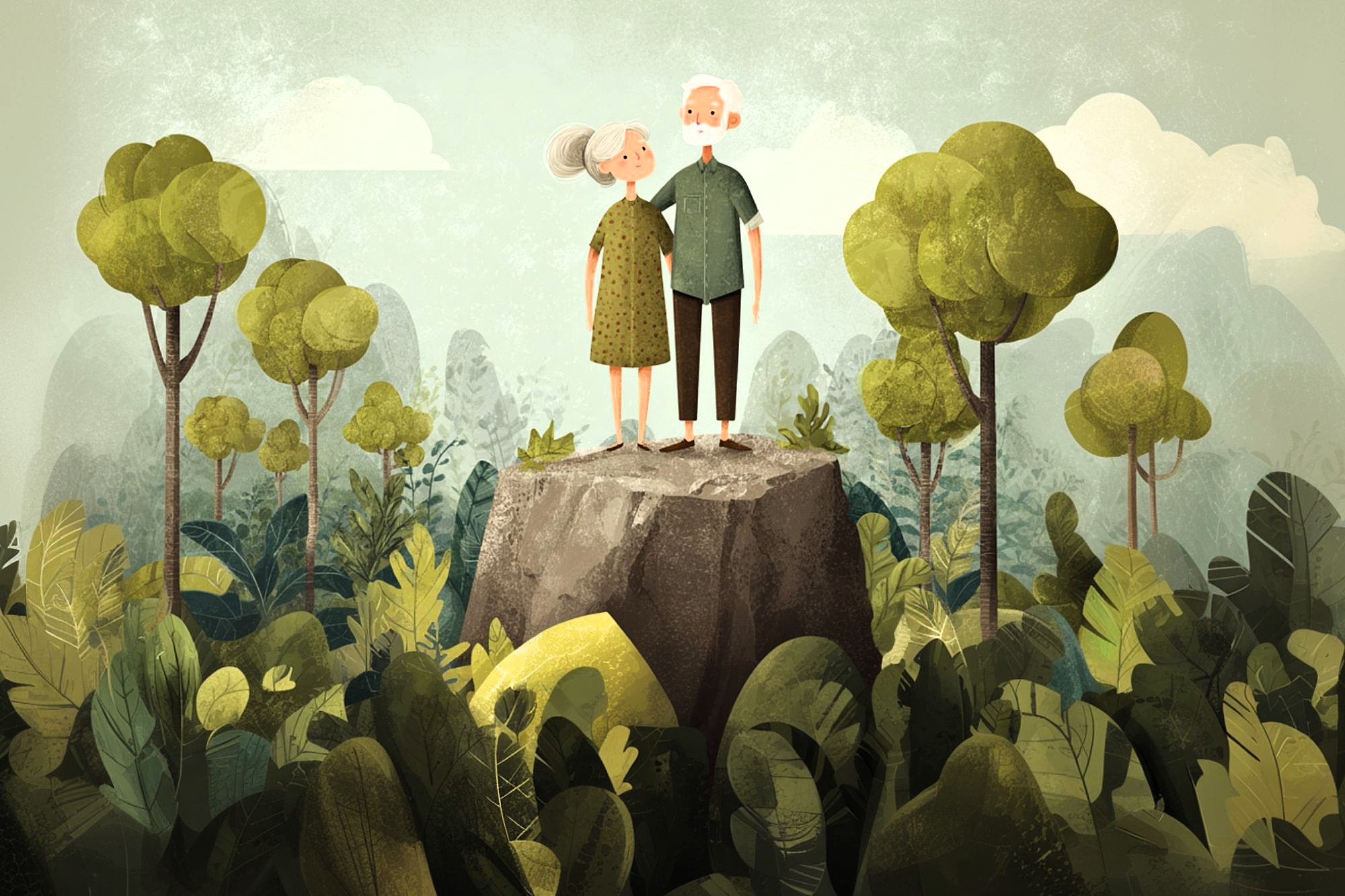 An illustration of an elderly couple standing together on a large rock, surrounded by lush green trees and plants in a forest under a partly cloudy sky. They appear content and close to each other.