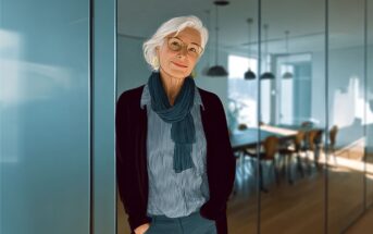 An older woman with white hair, glasses, and a scarf stands with hands in her pockets in a modern office with glass walls and wooden floors.
