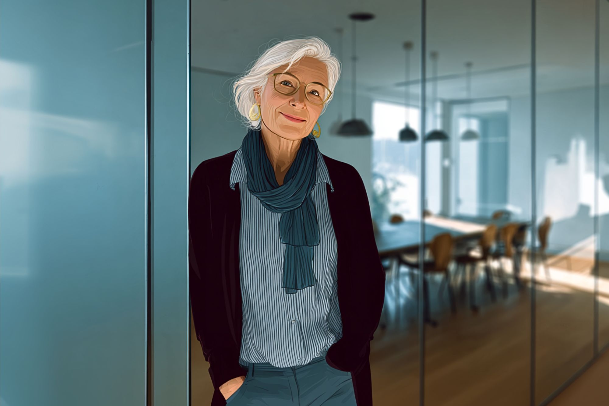An older woman with white hair, glasses, and a scarf stands with hands in her pockets in a modern office with glass walls and wooden floors.