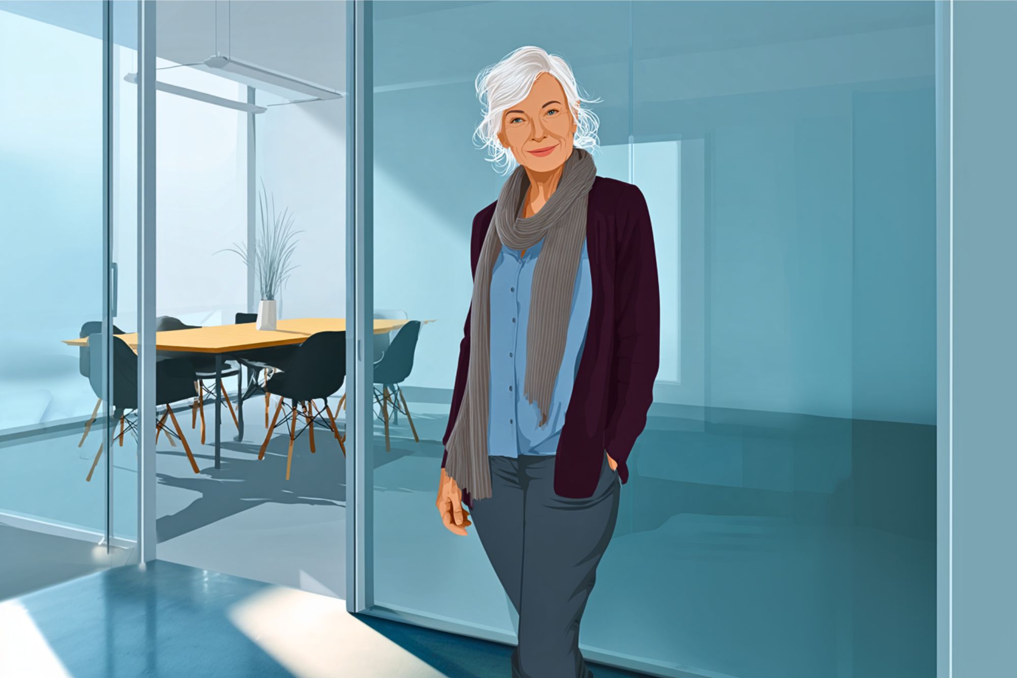 An older woman with white hair, wearing a scarf, cardigan, and blouse, stands smiling in front of a glass-walled office conference room with a table and chairs.