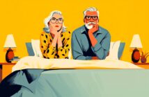 An illustrated older couple with gray hair and glasses sit on a bed looking thoughtful. The woman wears a yellow polka dot blouse, the man a blue shirt. Two bedside lamps and books are on nightstands against a bright yellow background.
