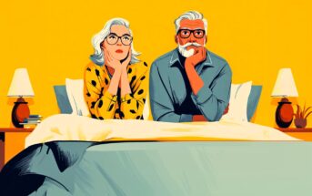 An illustrated older couple with gray hair and glasses sit on a bed looking thoughtful. The woman wears a yellow polka dot blouse, the man a blue shirt. Two bedside lamps and books are on nightstands against a bright yellow background.
