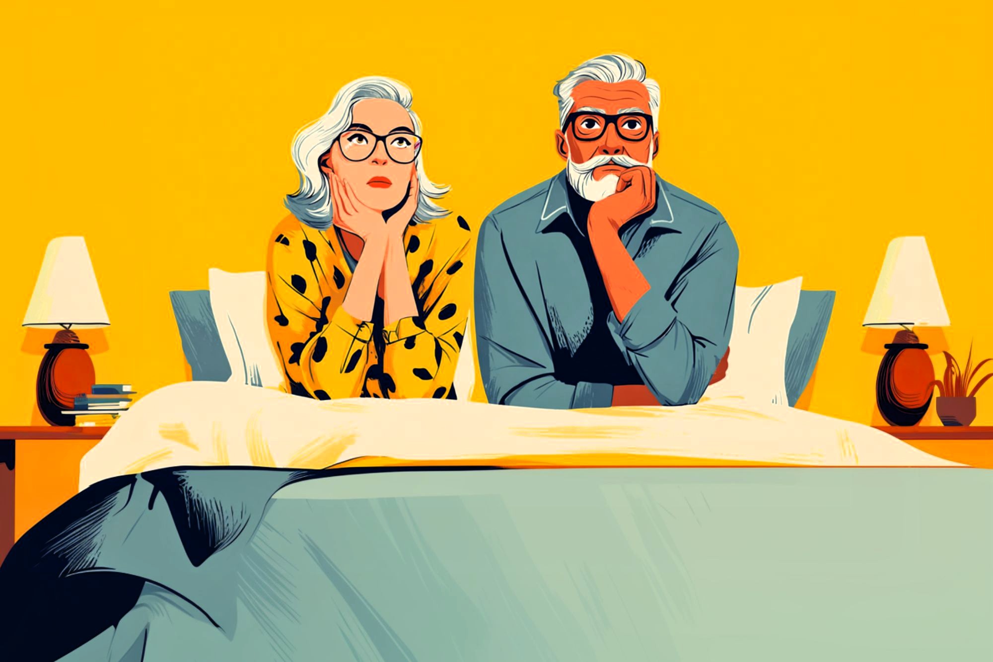 An illustrated older couple with gray hair and glasses sit on a bed looking thoughtful. The woman wears a yellow polka dot blouse, the man a blue shirt. Two bedside lamps and books are on nightstands against a bright yellow background.