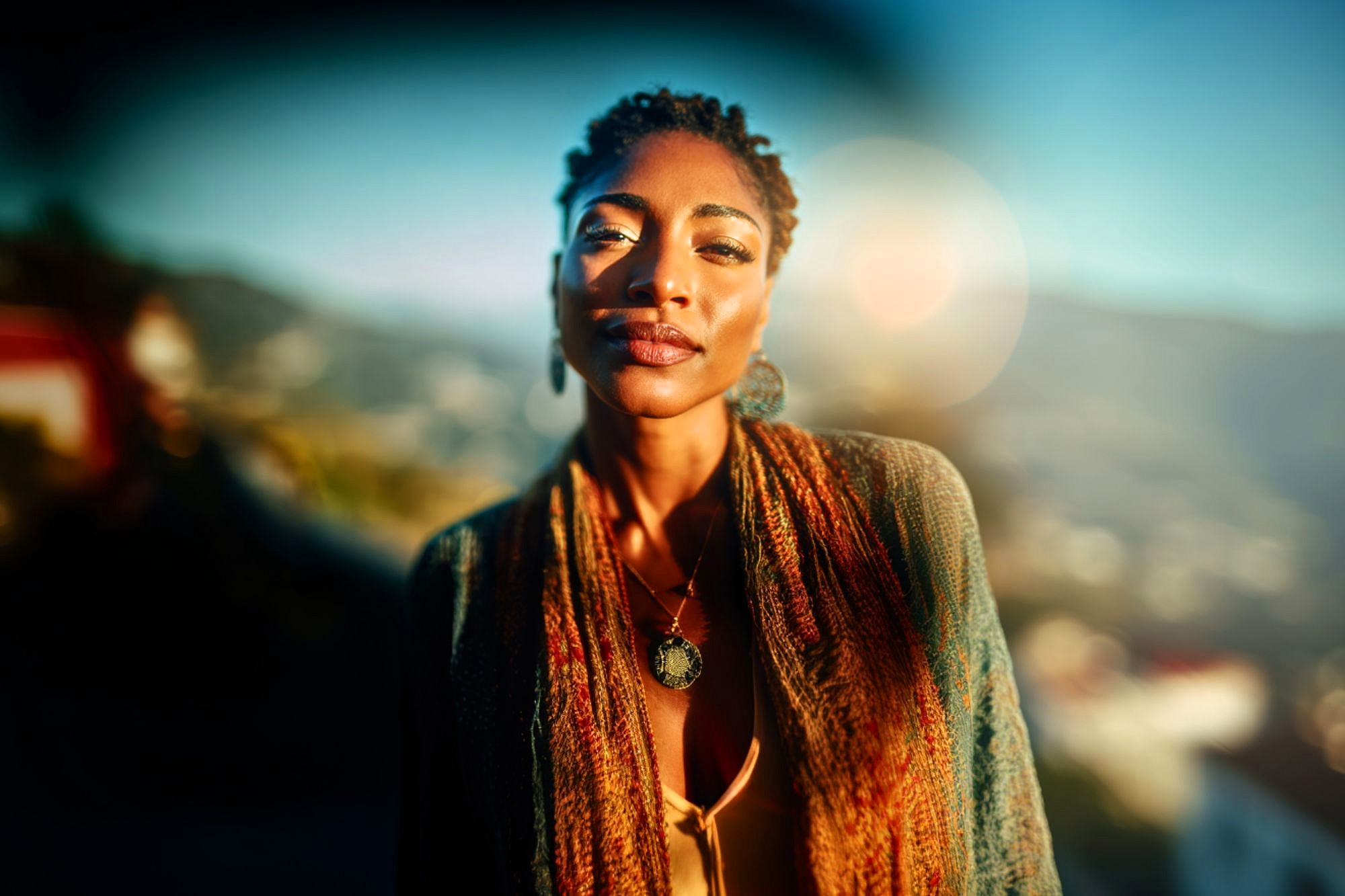 A woman with short braided hair, wearing a patterned shawl and pendant necklace, stands outdoors in sunlight with a blurred landscape and lens flare in the background.