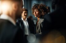 A woman with curly hair in business attire stands in focus, looking thoughtful, among blurred colleagues in a modern, sunlit office environment.