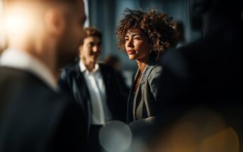 A woman with curly hair in business attire stands in focus, looking thoughtful, among blurred colleagues in a modern, sunlit office environment.