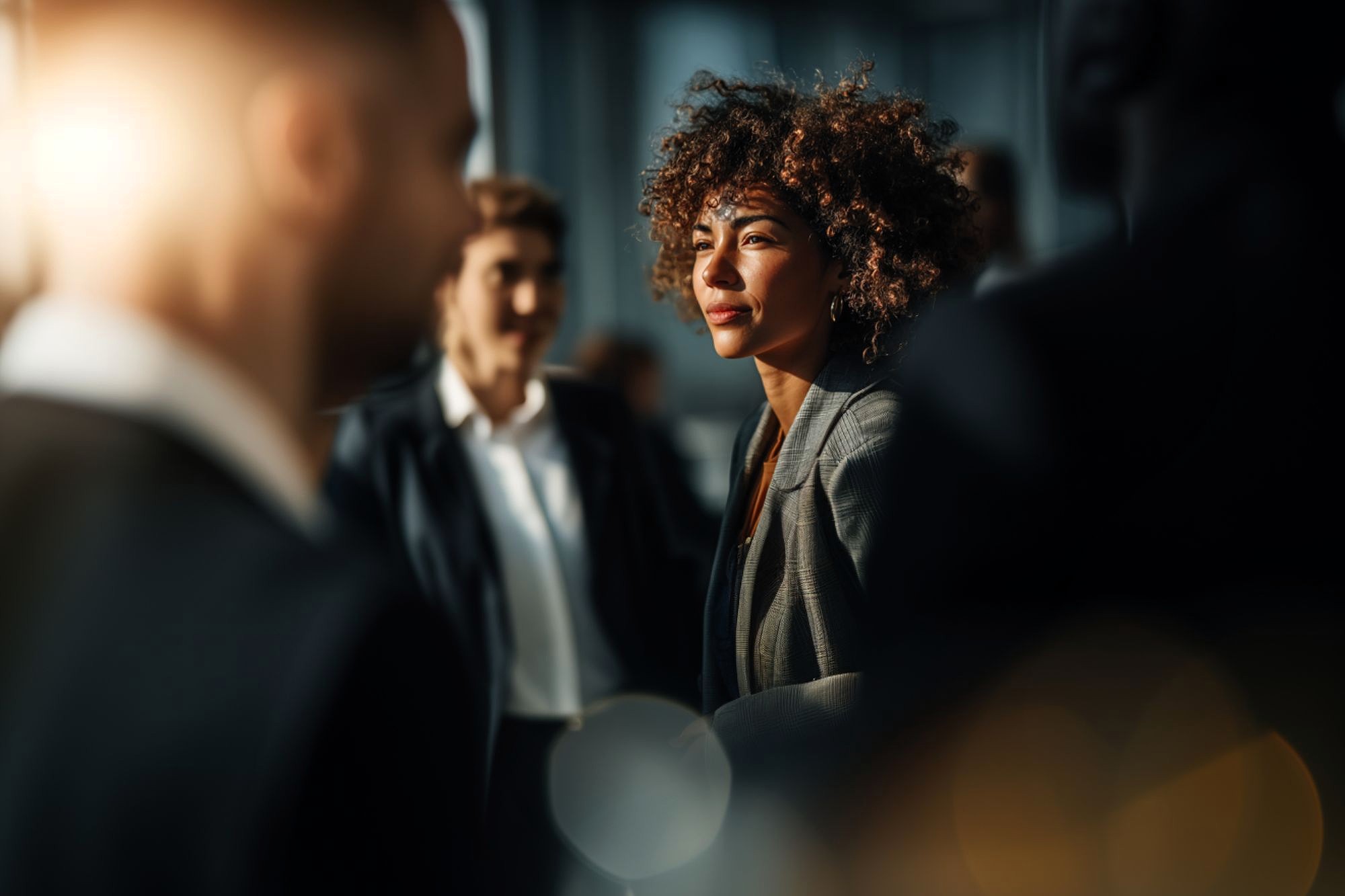 A woman with curly hair in business attire stands in focus, looking thoughtful, among blurred colleagues in a modern, sunlit office environment.