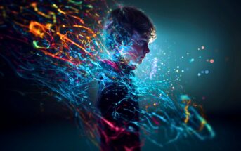 A young boy in profile stands against a dark background, surrounded by vibrant, swirling streams of blue, orange, and pink light, suggesting imagination, energy, or a digital, futuristic effect.