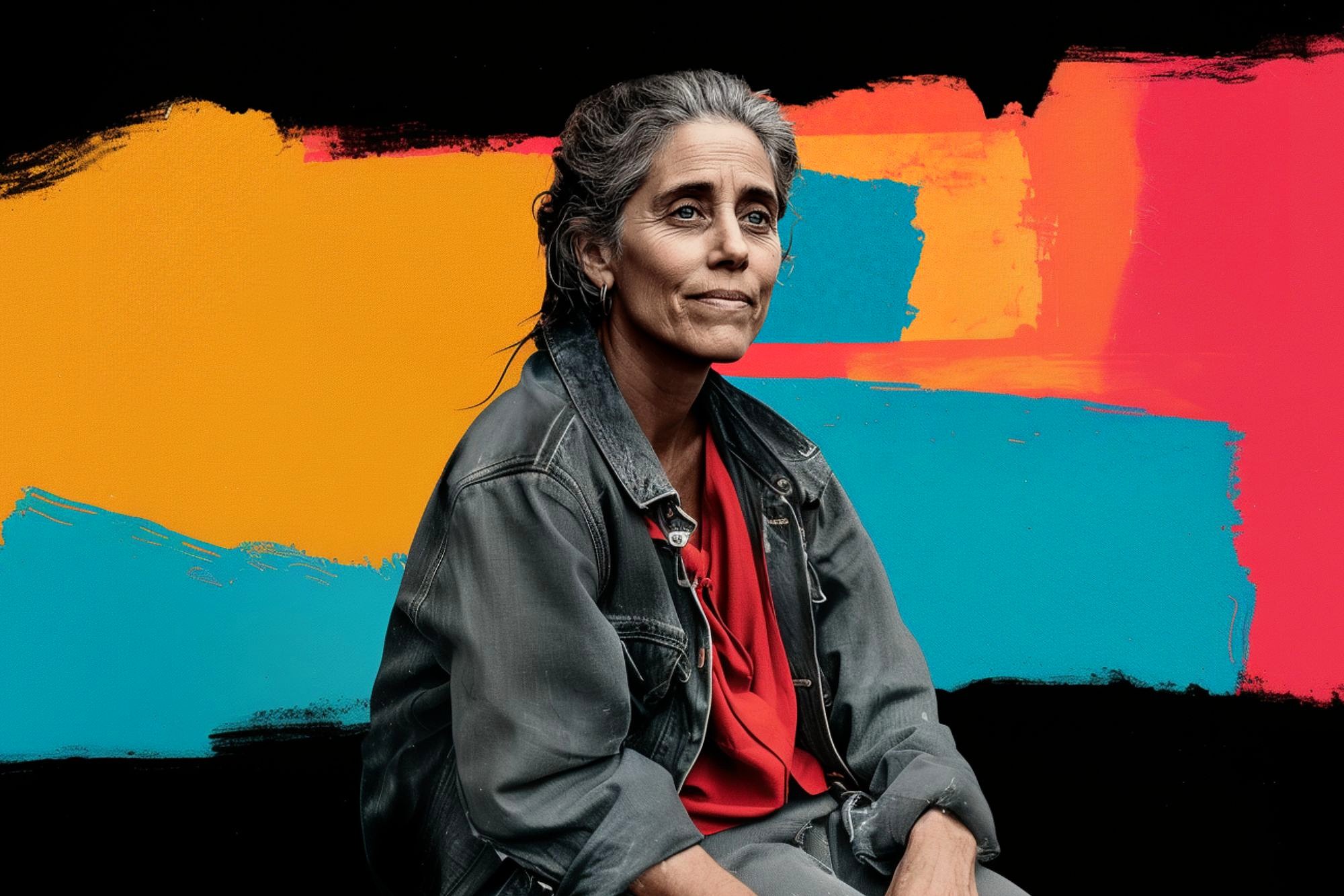 A woman with gray-streaked hair wearing a dark denim jacket and red shirt sits against a background of bold, abstract colors in orange, blue, and red brushstrokes.