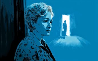 An illustration of an older woman with short hair looking pensive in the foreground, while a person with a suitcase stands silhouetted in a brightly lit doorway in the background, both set against blue tones.