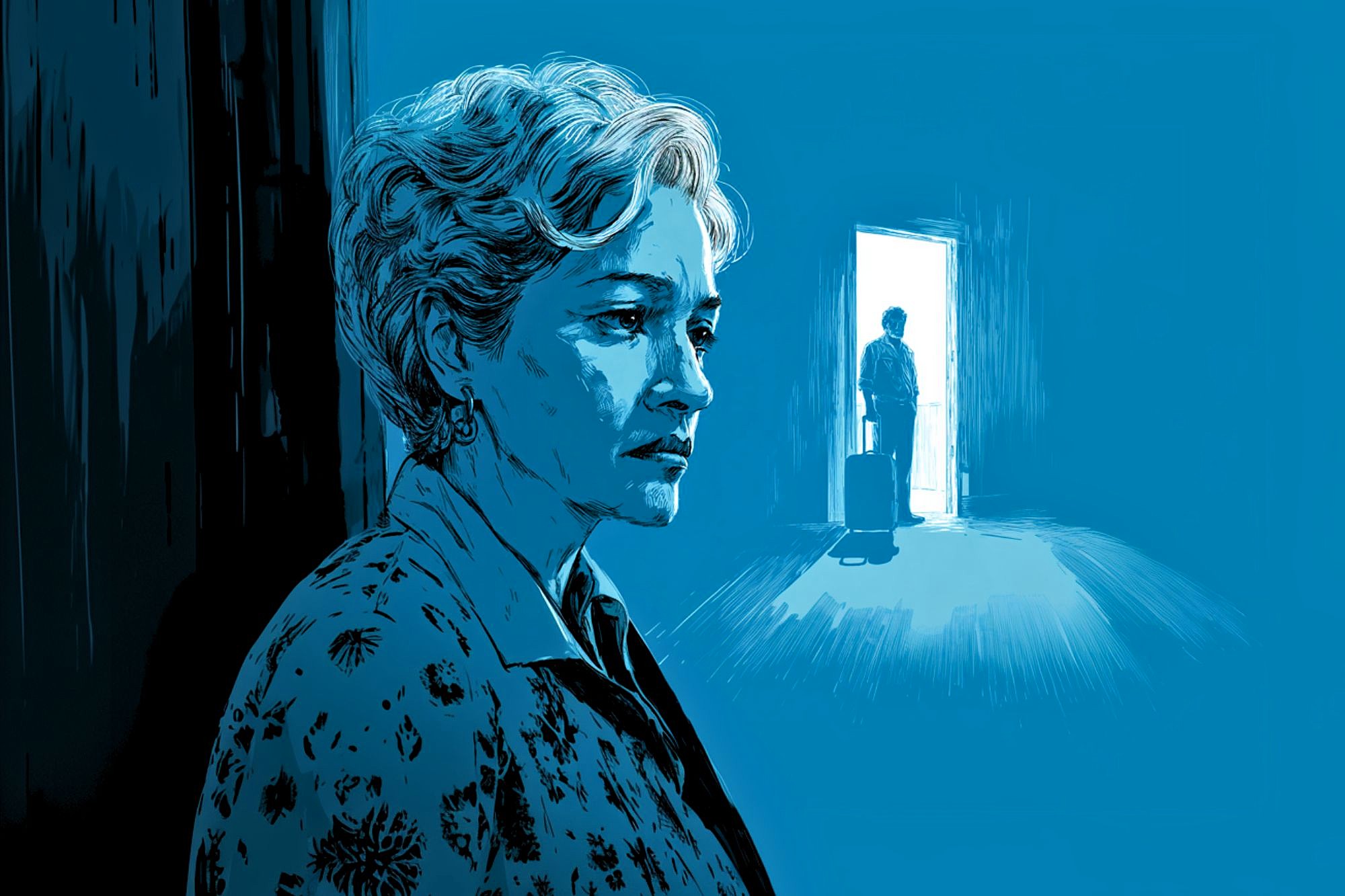 An illustration of an older woman with short hair looking pensive in the foreground, while a person with a suitcase stands silhouetted in a brightly lit doorway in the background, both set against blue tones.