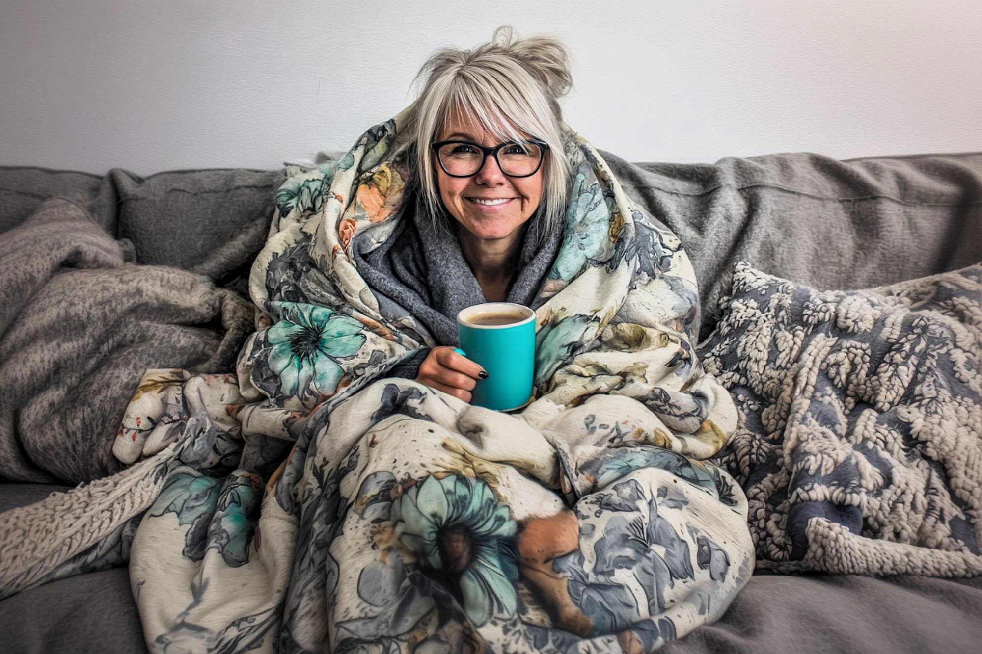 A smiling person with gray hair and glasses sits on a couch, wrapped in a floral blanket and holding a turquoise mug, surrounded by cozy pillows and throws.