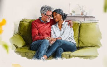 An older couple sits closely together on a green couch, smiling and holding hands, appearing happy and relaxed in a cozy living room.