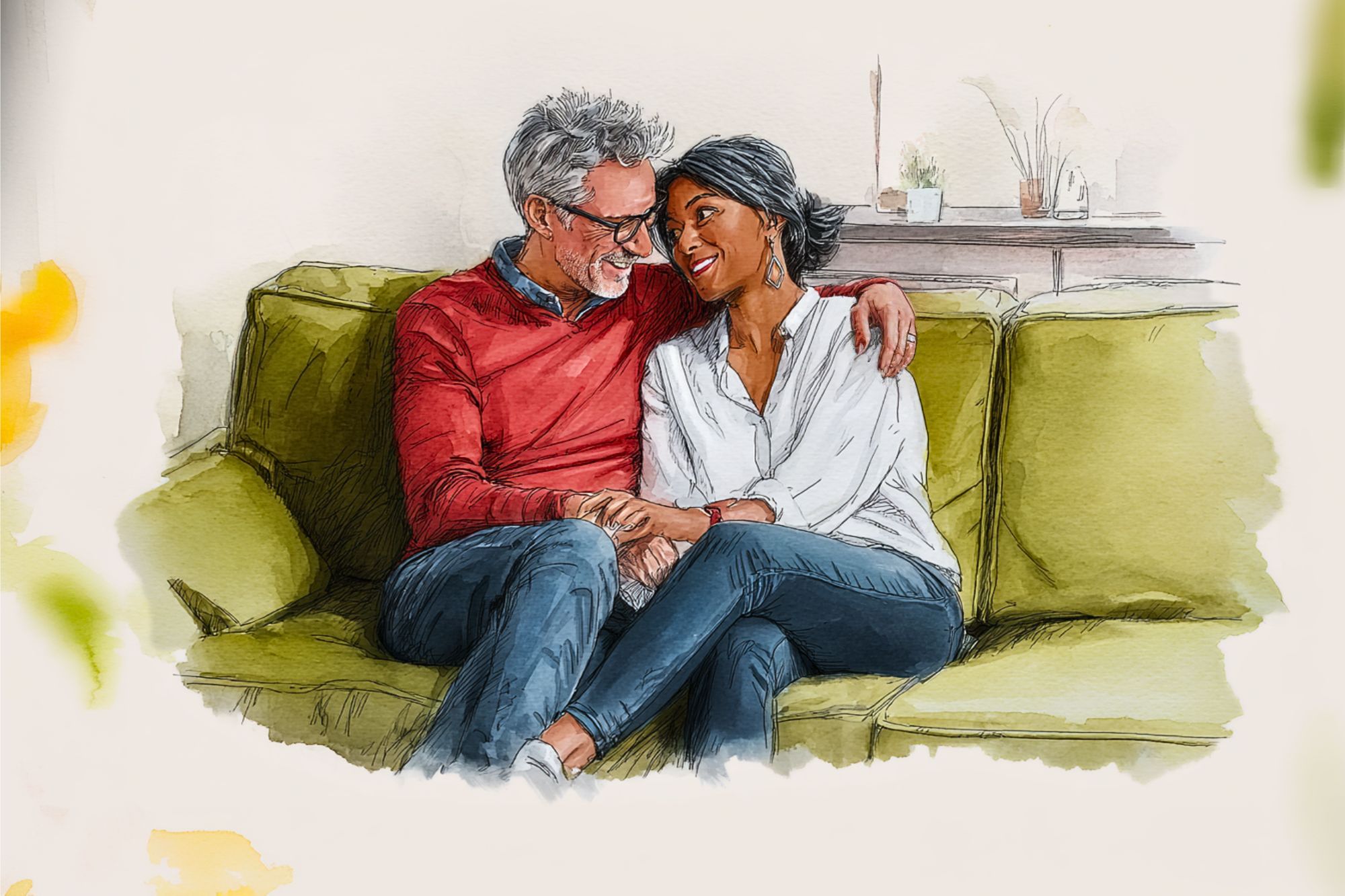 An older couple sits closely together on a green couch, smiling and holding hands, appearing happy and relaxed in a cozy living room.