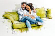 A watercolor illustration of a smiling couple sitting close together on a green sofa, embracing and laughing, both wearing casual jeans and white tops.