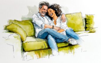 A watercolor illustration of a smiling couple sitting close together on a green sofa, embracing and laughing, both wearing casual jeans and white tops.