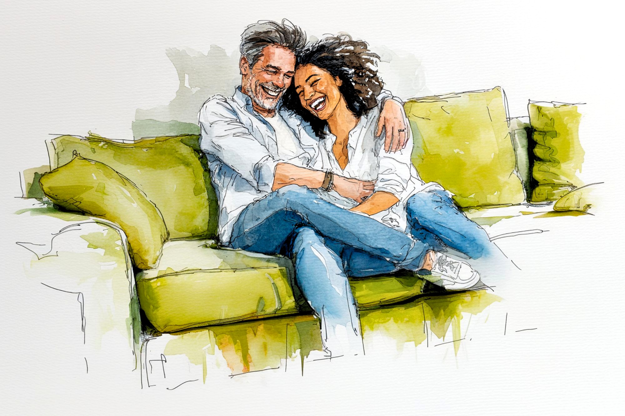 A watercolor illustration of a smiling couple sitting close together on a green sofa, embracing and laughing, both wearing casual jeans and white tops.