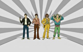 Four men in retro outfits stand in a row against a gray and white sunburst background; one holds a phone, another wears glasses, the third has a gold suit, and the fourth holds a boombox on his shoulder.