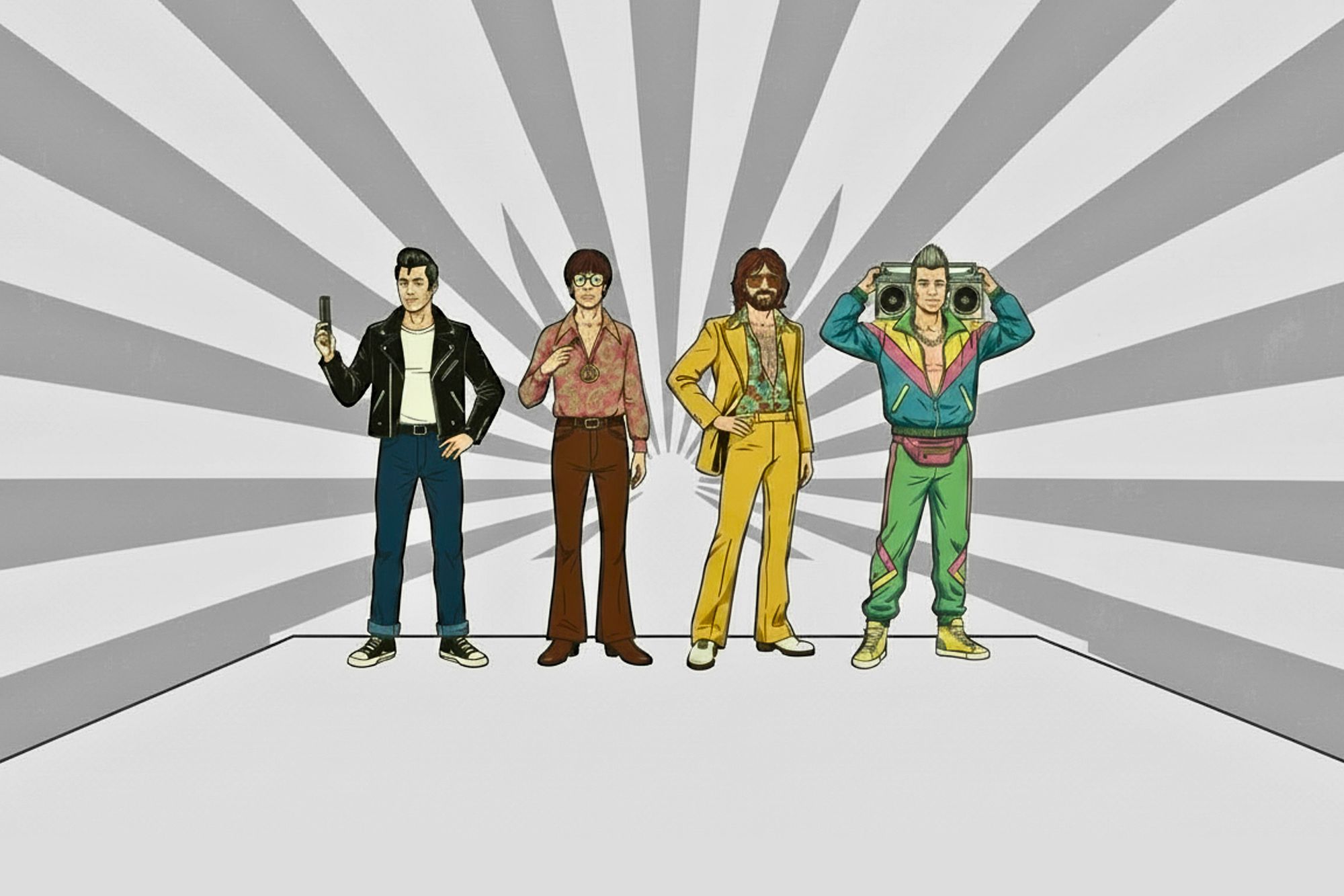 Four men in retro outfits stand in a row against a gray and white sunburst background; one holds a phone, another wears glasses, the third has a gold suit, and the fourth holds a boombox on his shoulder.