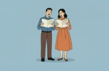 An illustration of a man and a woman standing side by side, holding open books and singing. The man is smiling, while the woman looks slightly concerned. The background is plain light blue.