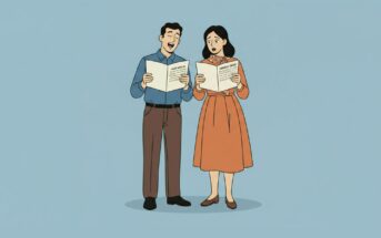An illustration of a man and a woman standing side by side, holding open books and singing. The man is smiling, while the woman looks slightly concerned. The background is plain light blue.