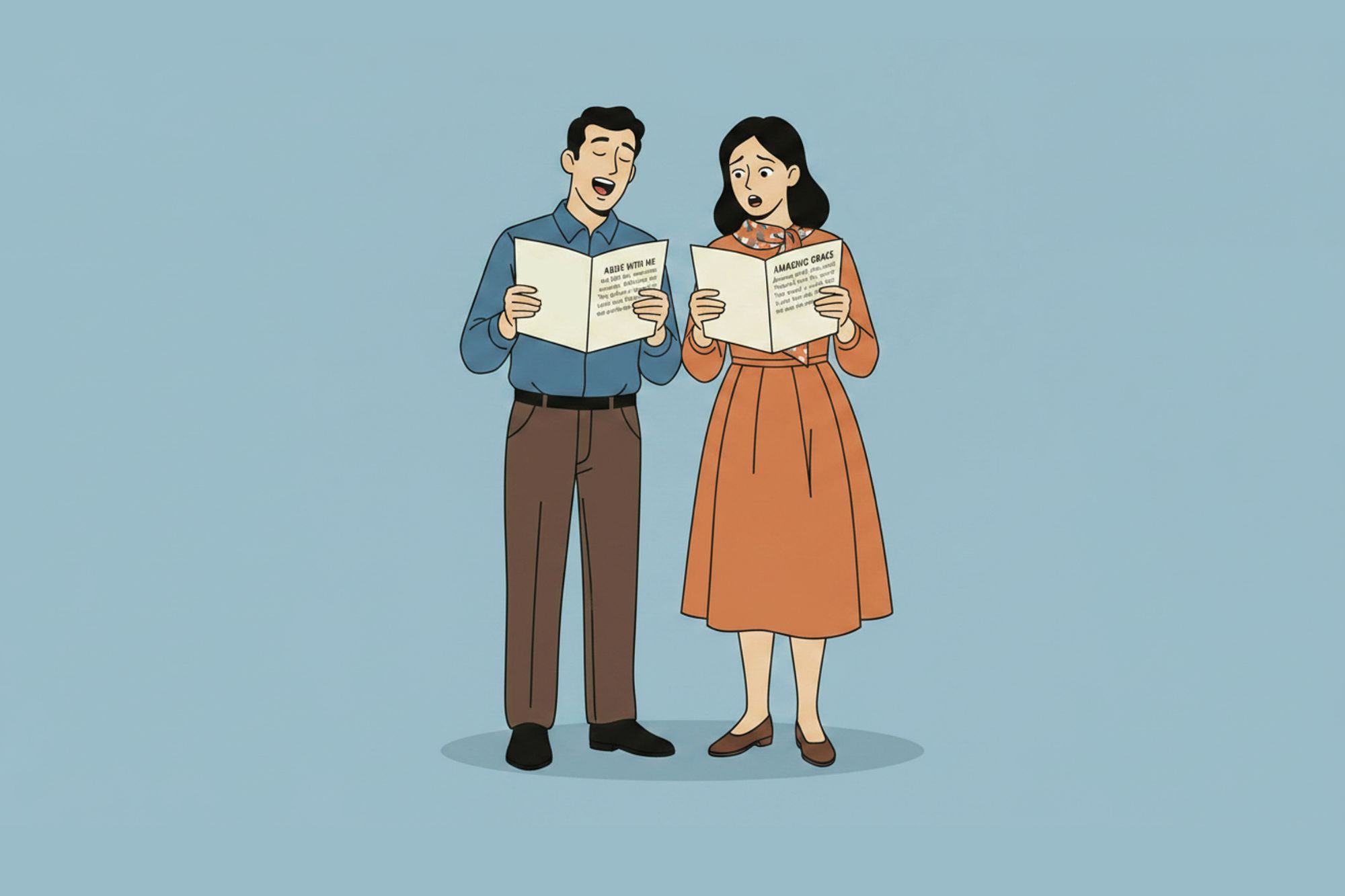An illustration of a man and a woman standing side by side, holding open books and singing. The man is smiling, while the woman looks slightly concerned. The background is plain light blue.