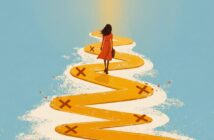 A woman in a red dress walks along a winding yellow path marked with several red X’s, heading toward a bright light on the horizon against a blue background.
