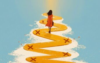 A woman in a red dress walks along a winding yellow path marked with several red X’s, heading toward a bright light on the horizon against a blue background.