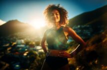 A woman with curly hair stands confidently outdoors in athletic wear, hands on hips, with sunlight shining behind her and hills and a town visible in the background.
