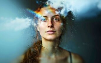 A woman with light eyes and brown hair gazes forward through a foggy, wet glass. A colorful rainbow reflection and clouds appear on the glass, creating a dreamy, ethereal atmosphere around her face.