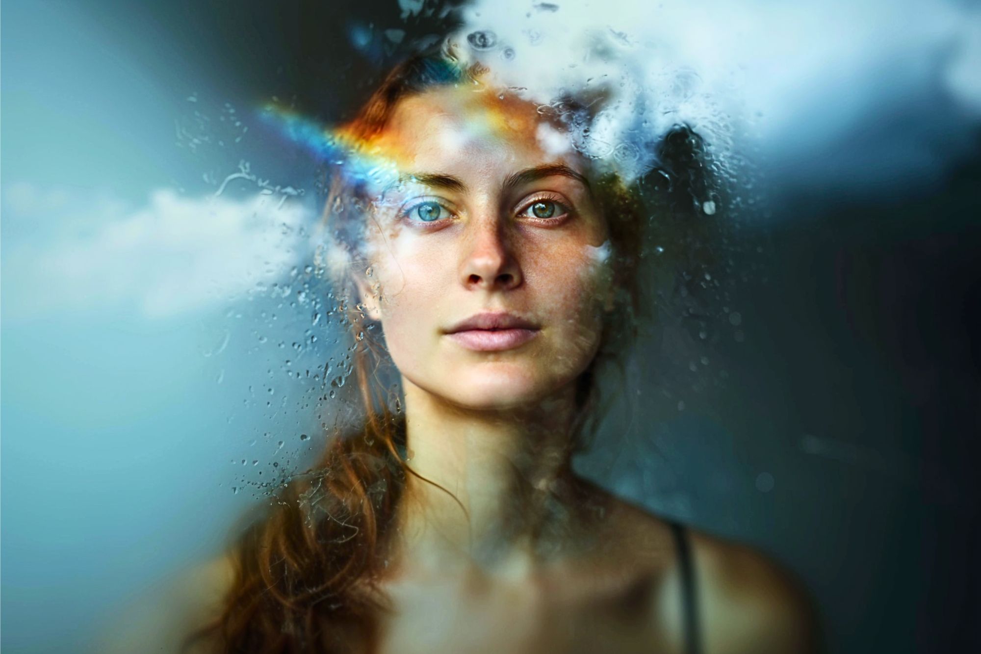 A woman with light eyes and brown hair gazes forward through a foggy, wet glass. A colorful rainbow reflection and clouds appear on the glass, creating a dreamy, ethereal atmosphere around her face.