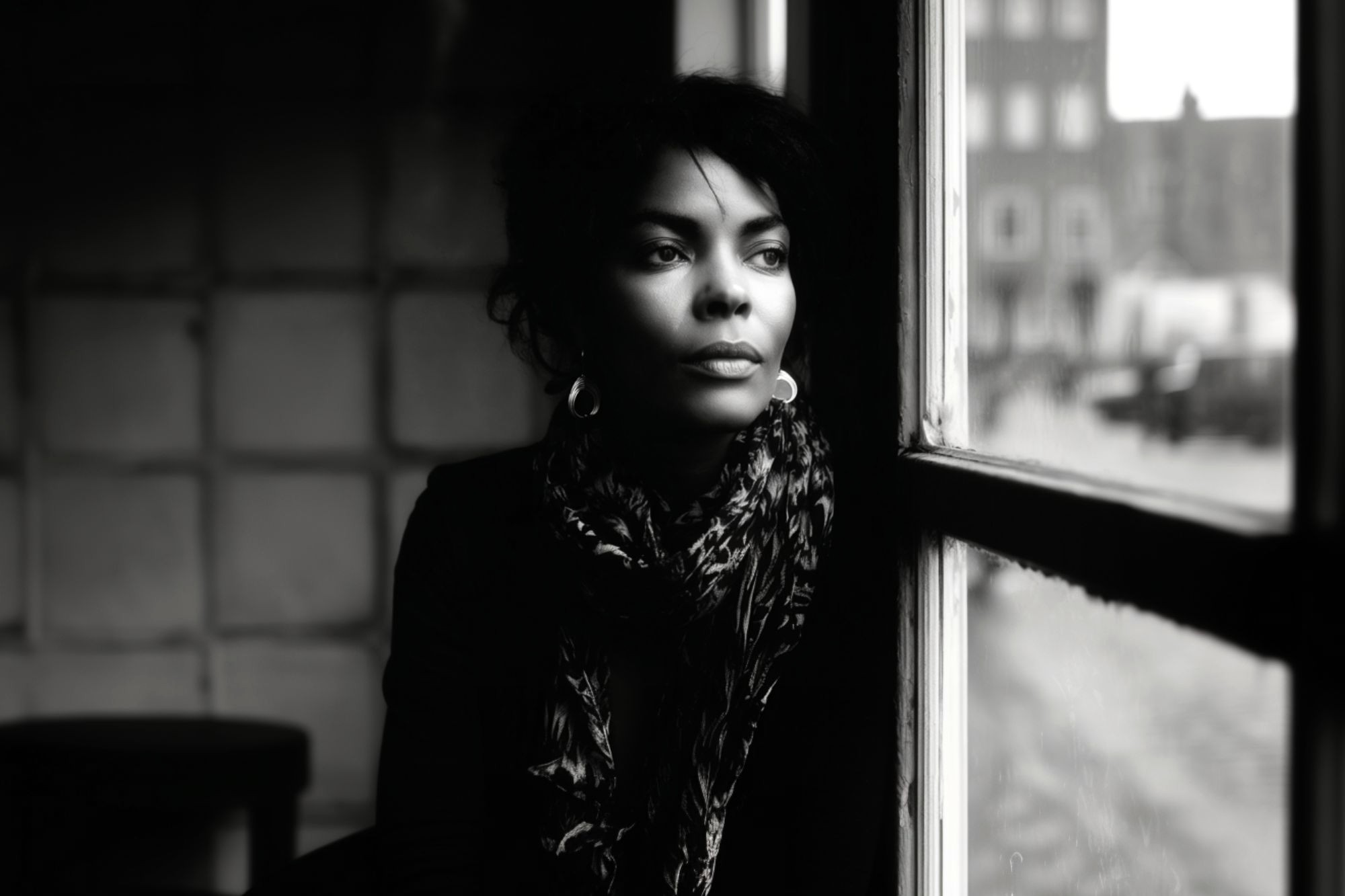 A woman with curly hair and hoop earrings sits indoors by a window, gazing thoughtfully outside; the scene is in black and white, with soft natural light illuminating her face.