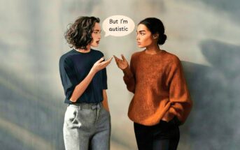 Two women stand facing each other, engaged in conversation. One woman says, "But I'm autistic." Both appear expressive and focused on their discussion. The background is softly blurred.