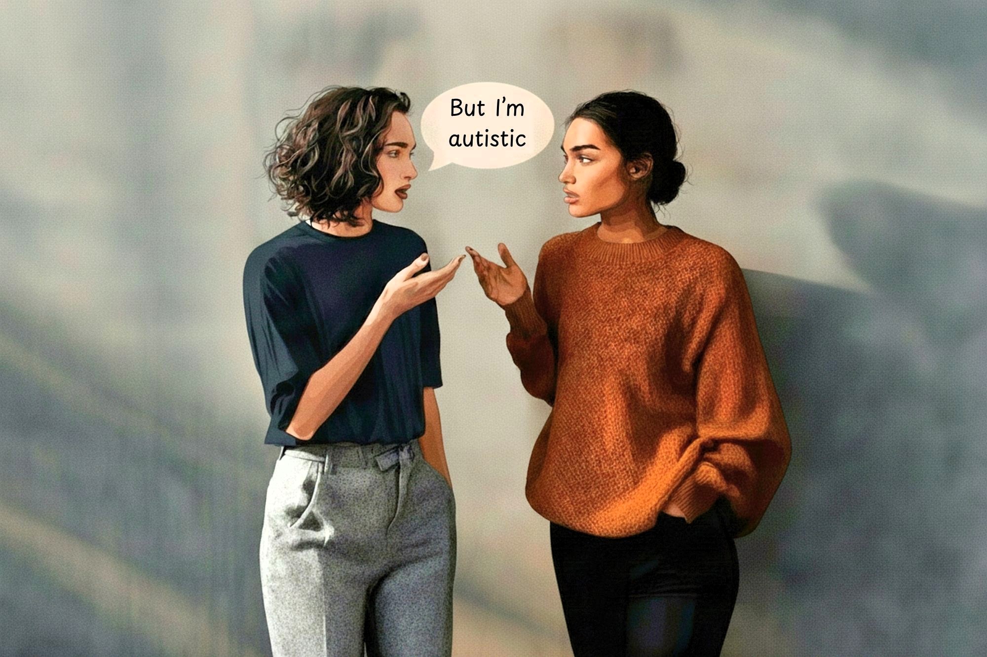 Two women stand facing each other, engaged in conversation. One woman says, "But I'm autistic." Both appear expressive and focused on their discussion. The background is softly blurred.