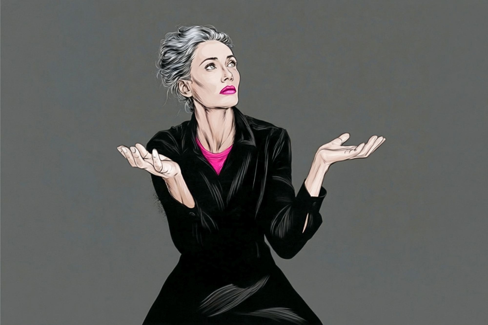 Illustration of a woman with gray hair in a bun, wearing a black outfit with a pink shirt, looking up with both hands raised and palms facing upward against a plain gray background.