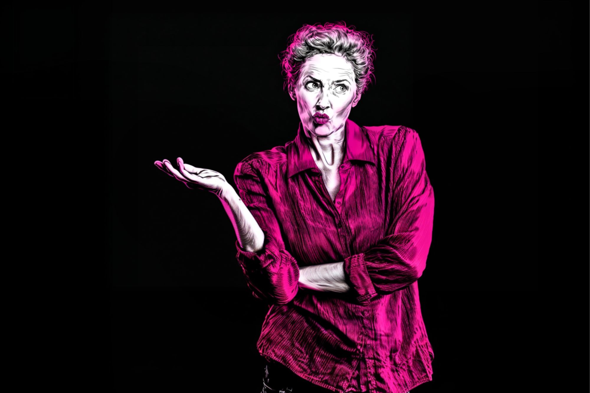 A stylized image of a person with short, curly hair wearing a bright pink shirt, raising one hand and shrugging with a puzzled or uncertain expression against a black background.