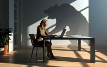 A woman works on a laptop at a desk in a sunlit room, while a large, menacing bear-shaped shadow looms on the wall behind her.