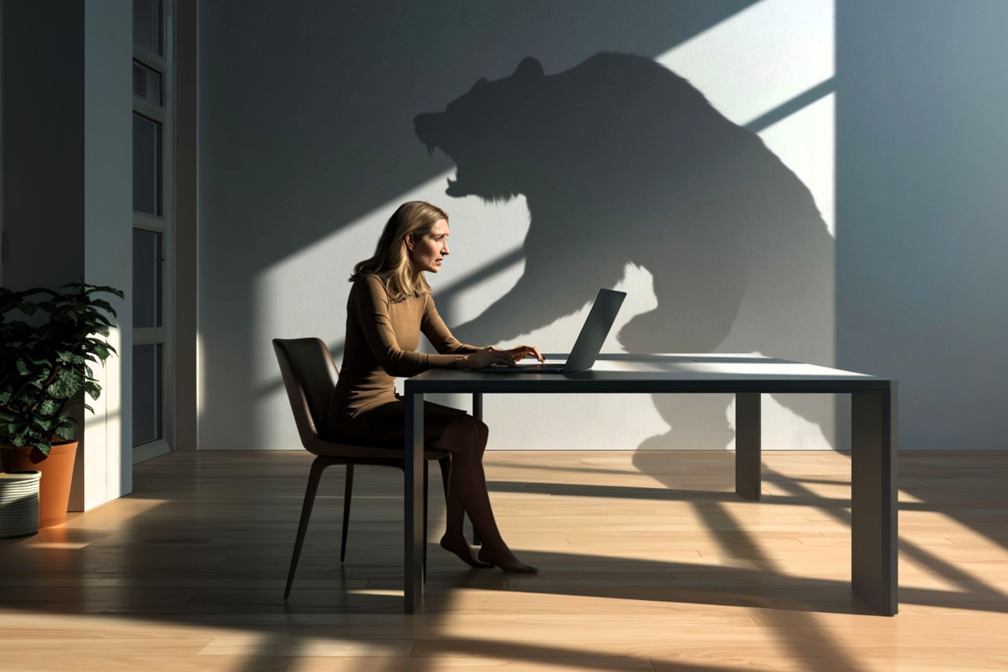A woman works on a laptop at a desk in a sunlit room, while a large, menacing bear-shaped shadow looms on the wall behind her.