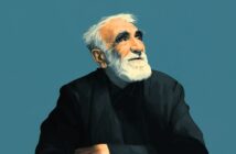 A digital illustration of an elderly man with white hair and a beard, wearing a dark shirt, looking upwards with a thoughtful expression against a plain blue background.