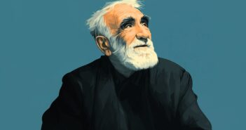 A digital illustration of an elderly man with white hair and a beard, wearing a dark shirt, looking upwards with a thoughtful expression against a plain blue background.