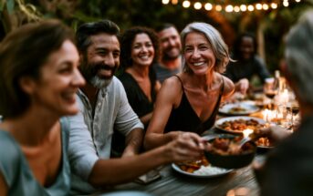 A group of adults sit around an outdoor table, smiling and enjoying a meal together under string lights in the evening. The atmosphere appears warm and festive.