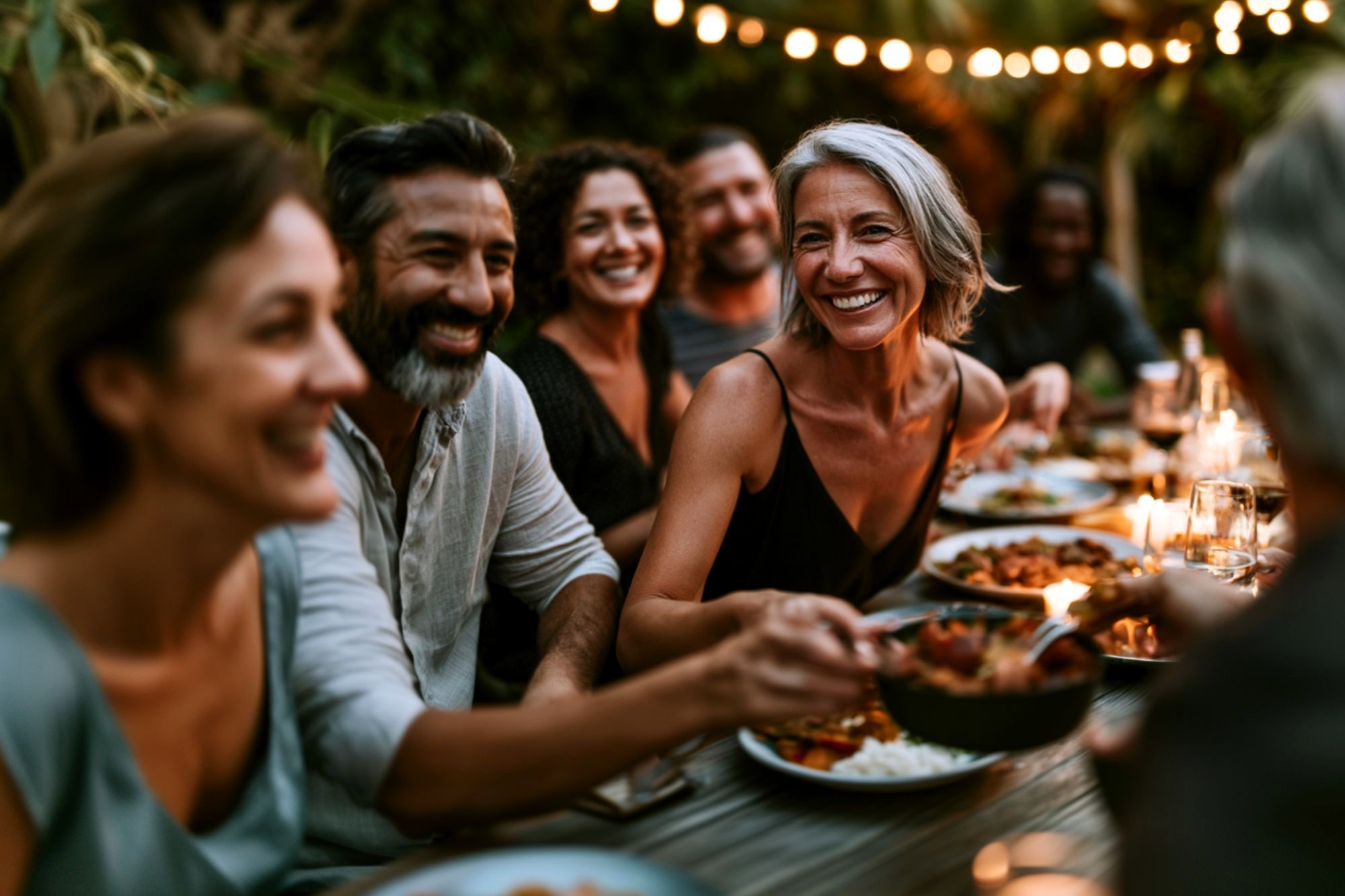 A group of adults sit around an outdoor table, smiling and enjoying a meal together under string lights in the evening. The atmosphere appears warm and festive.