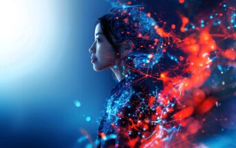 A woman in profile with digital, glowing lines and neural patterns surrounding her head, evoking themes of artificial intelligence, technology, and the merging of human and digital realms. Blue and red colors dominate the scene.