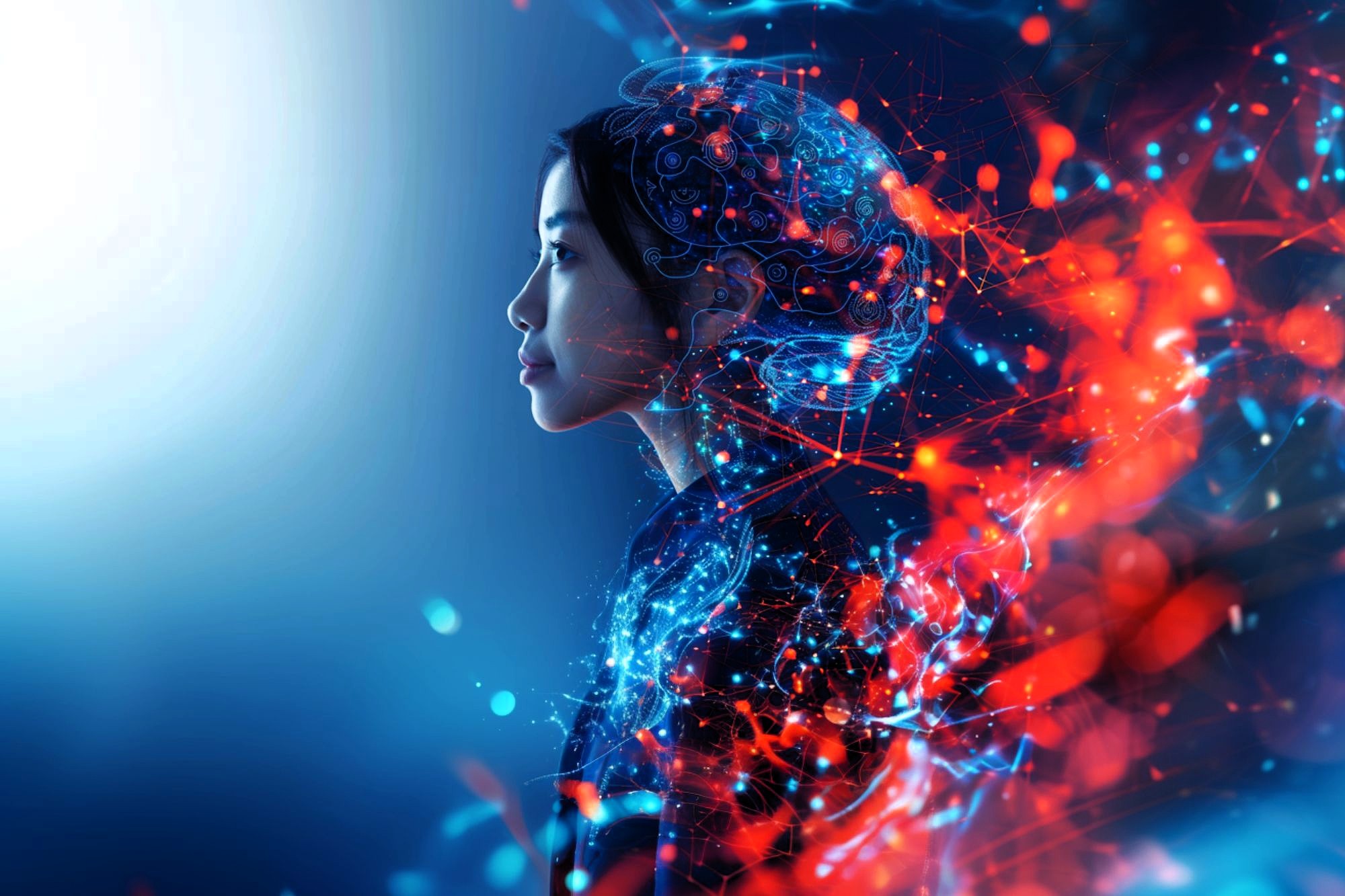 A woman in profile with digital, glowing lines and neural patterns surrounding her head, evoking themes of artificial intelligence, technology, and the merging of human and digital realms. Blue and red colors dominate the scene.
